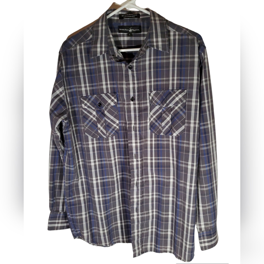 Beverly Hills‎ Polo Club men's grey and blue stripped shirt size L button up